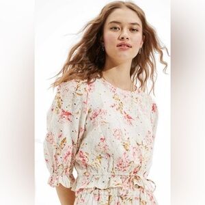 American Eagle Outfitters Cream Eyelet Blouse with Pink Floral Coquette